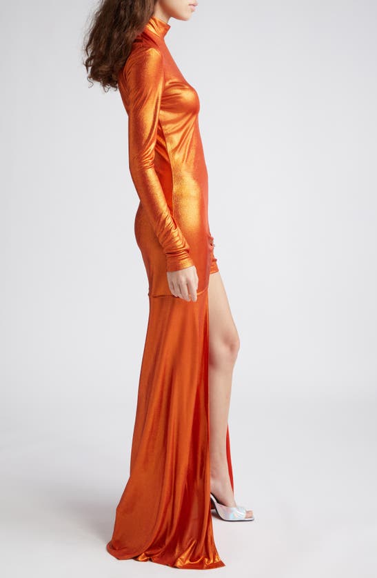 Shop Maccapani Ava Long Sleeve Laminated Knit Dress In Laminated Orange