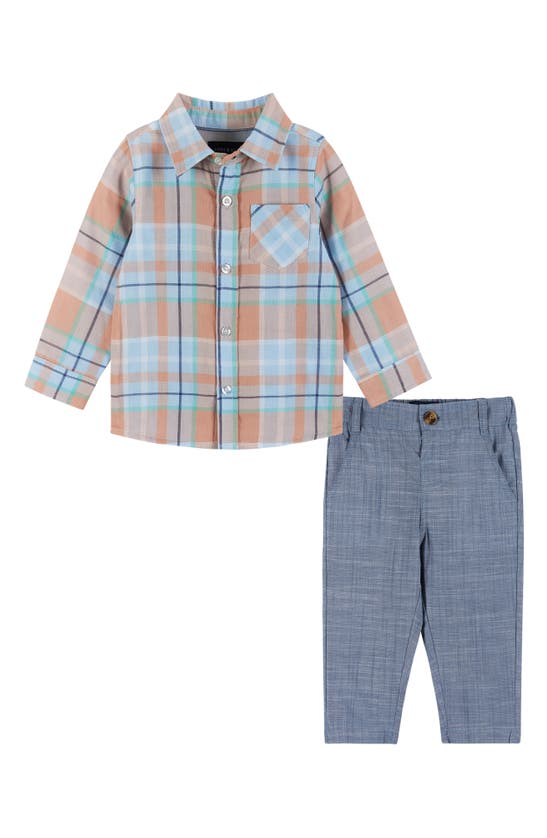 Shop Andy & Evan Plaid Button-up Shirt & Pants Set In Blue Plaid