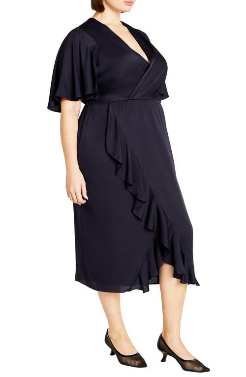Shop City Chic Soft Ruffle Faux Wrap Midi Dress In Navy