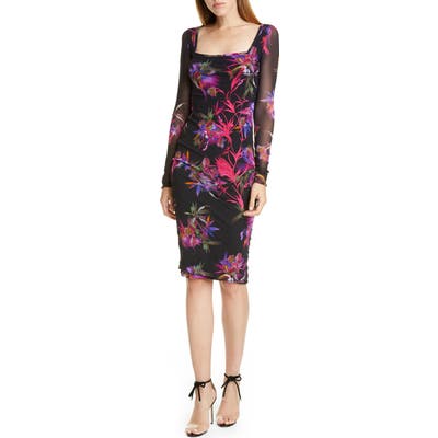 Fuzzi Floral Embroidered Long Sleeve Dress, Black