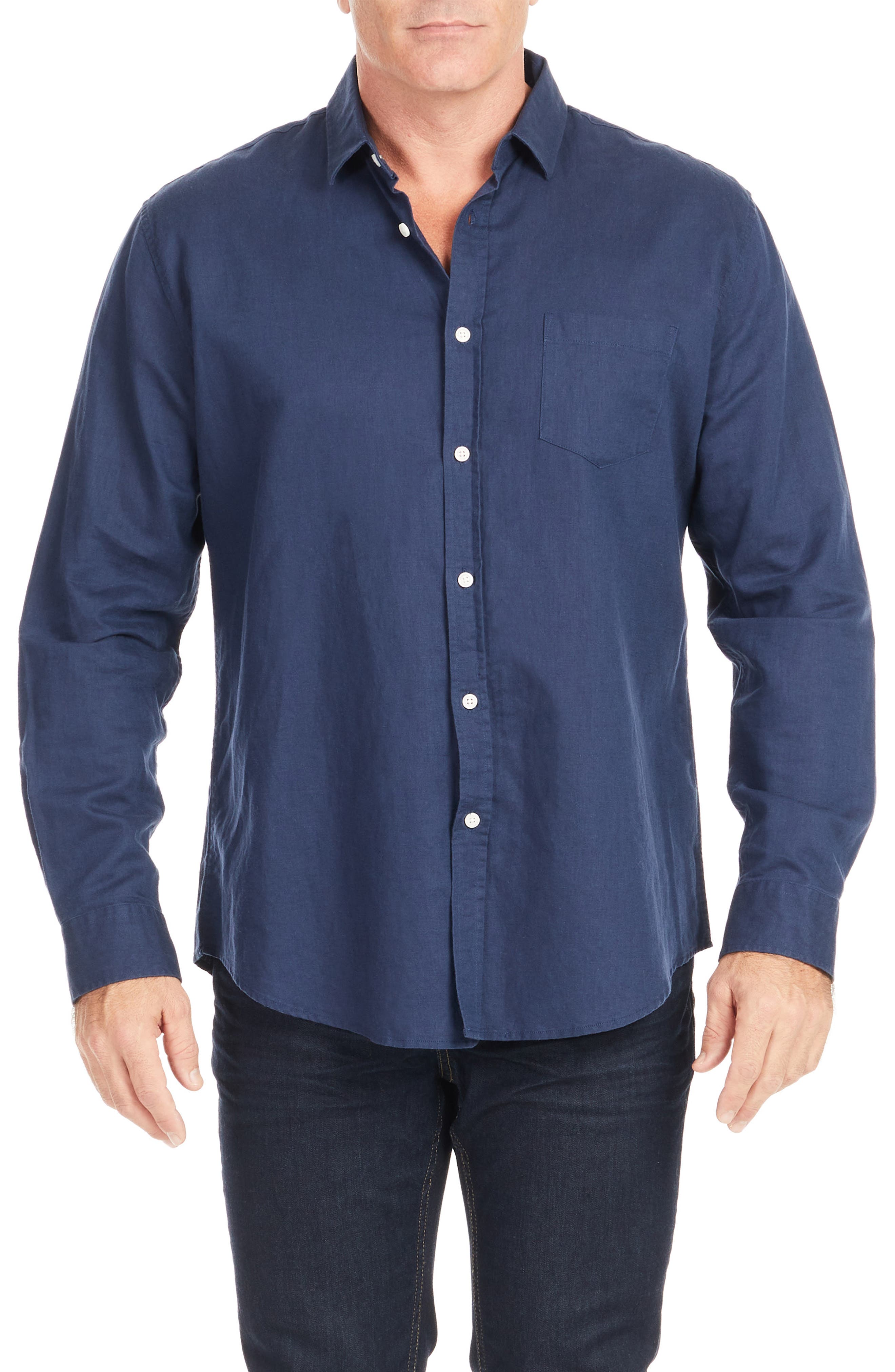 Johnny Bigg Anders Relaxed Fit Button-Up Linen & Cotton Shirt in Navy