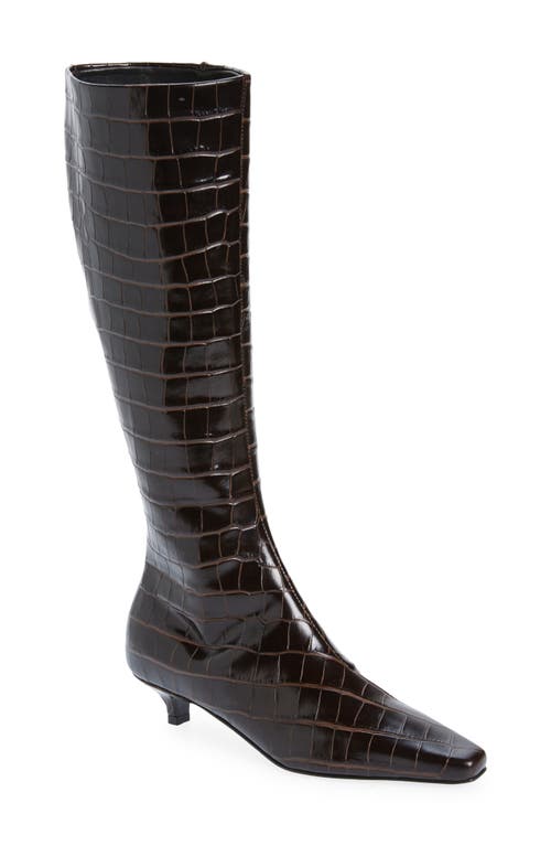 The Slim Croc Embossed Kitten Heel Knee High Boot in Dark Brown