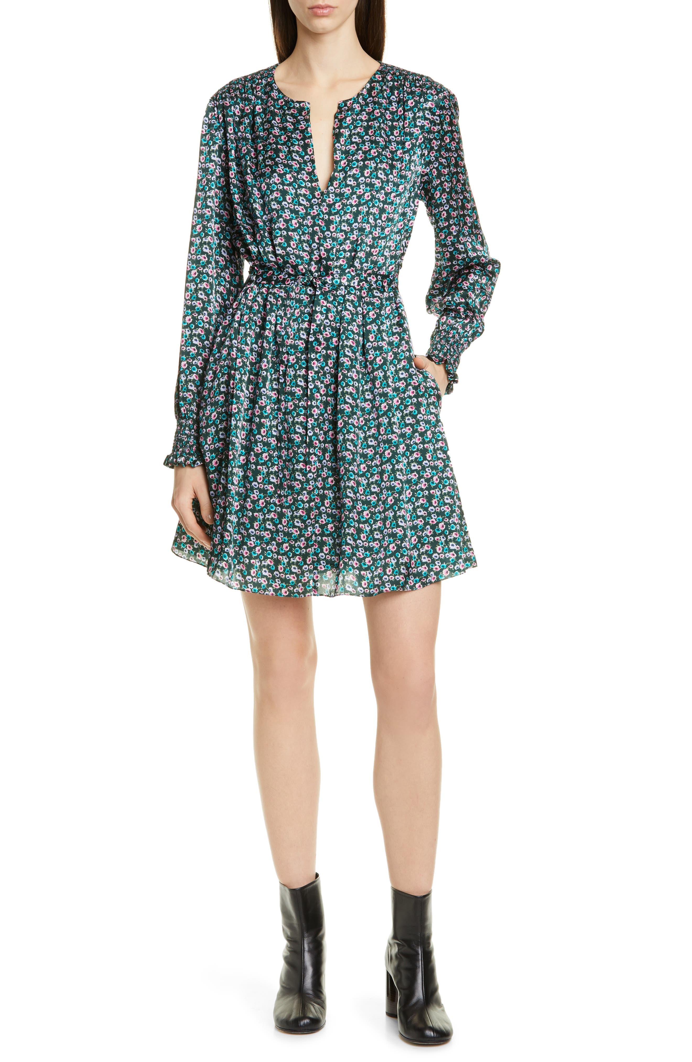 Jason Wu Mini Floral Print Long Sleeve Silk Dress, Blue