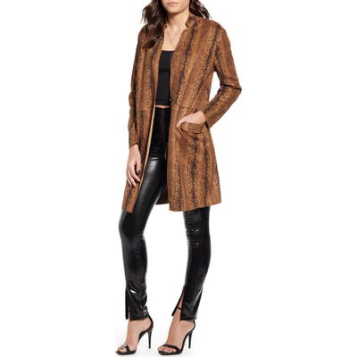 Blanknyc Snake Print Long Faux Leather Coat, Brown