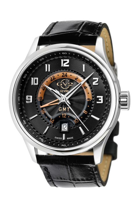 Men's Giromondo Black Dial Black Calfskin Leather Watch, 42mm