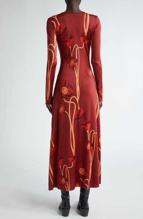 Shop Johanna Ortiz Nectar De Amapolla Long Sleeve Stretch Satin Midi Dress In Papaver Somniferum/red