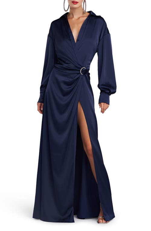Ivon Long Sleeve Satin Charmeuse Gown in Navy