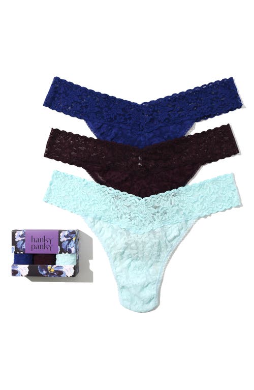 Shop Hanky Panky Assorted 3-pack Lace Original Rise Thongs In Blue Multi