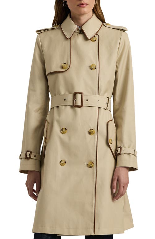 Shop Lauren Ralph Lauren Belted Water Resistant Double Breasted Trench Coat In Explorer Sand