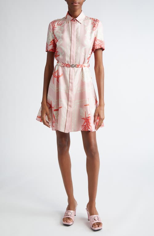 Shop Versace Barocco Sea Print Silk Satin Shirtdress In Dusty Rose Coral Bone