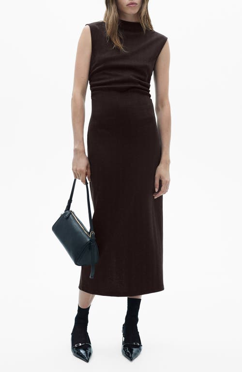 Mango Gathered Detail Herringbone Stitch Knit Dress In Chocolate