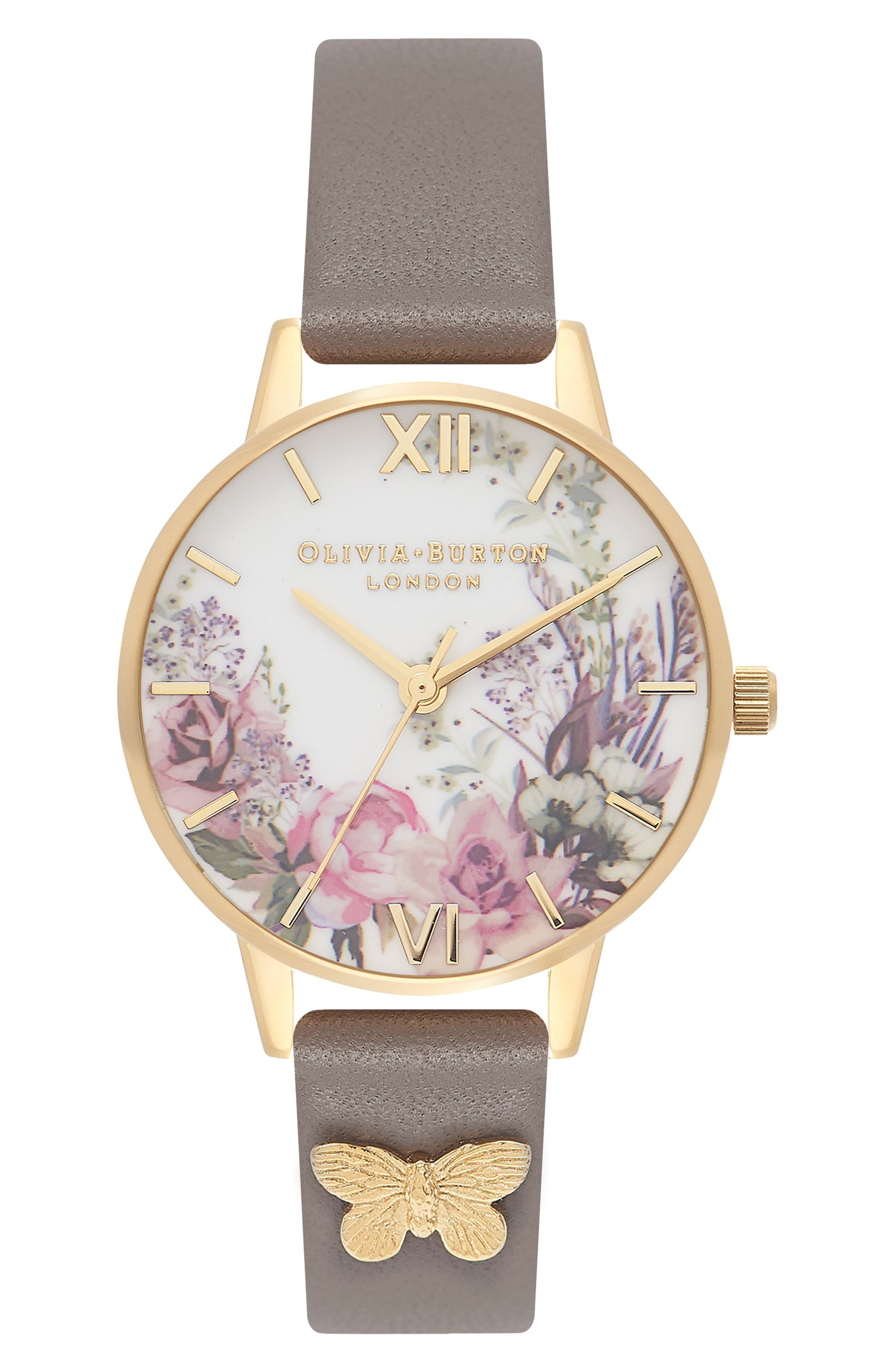 Olivia Burton Enchanted Garden Leather Strap Watch, 30mm Nordstrom