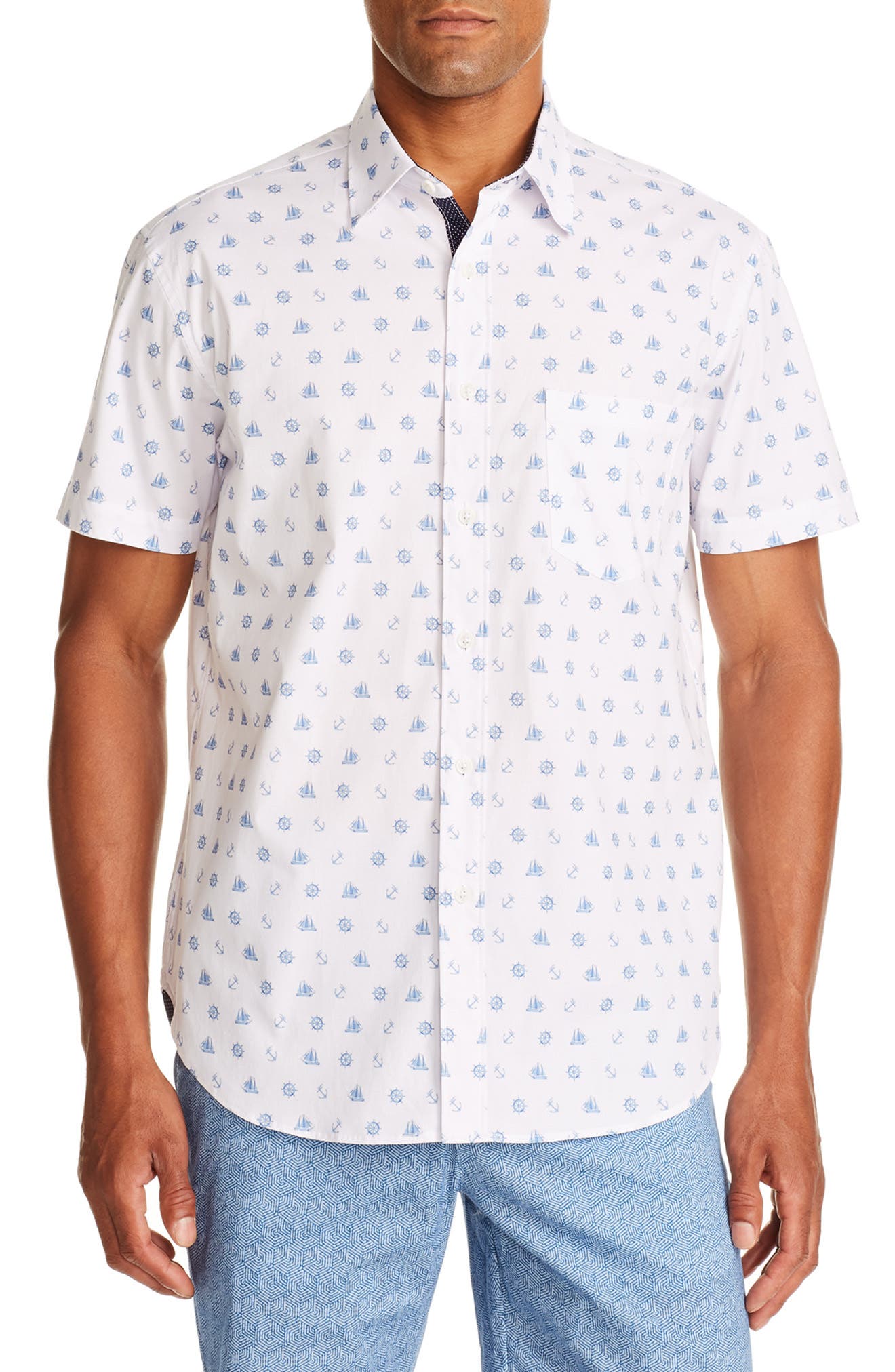 Construct Nautical Print Short Sleeve Regular Fit Shirt In White/blue