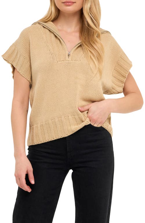 Zip Neck Short Sleeve Sweater in Taupe