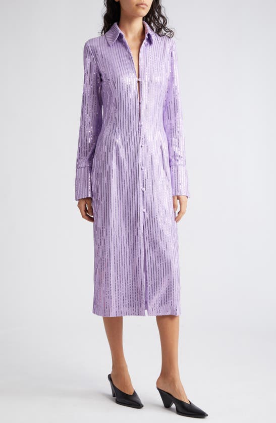 Shop Stine Goya Sonja Sequin Long Sleeve Button-up Midi Shirtdress In Lavender