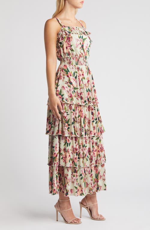 Shop Chelsea28 Plissé Tiered Maxi Dress In Green- Pink Blossoms