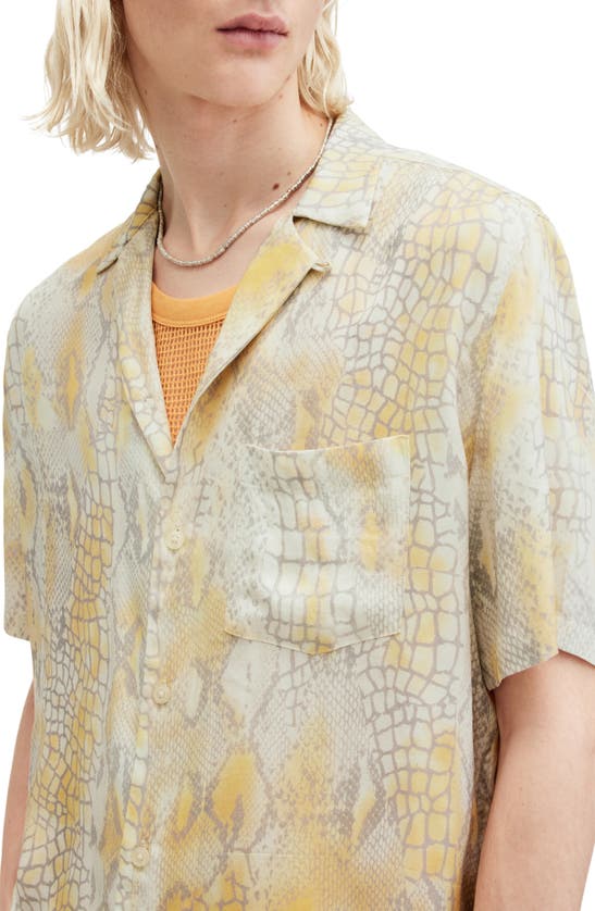 Shop Allsaints Skrale Snake Print Convertible Collar Camp Shirt In Amber Yellow