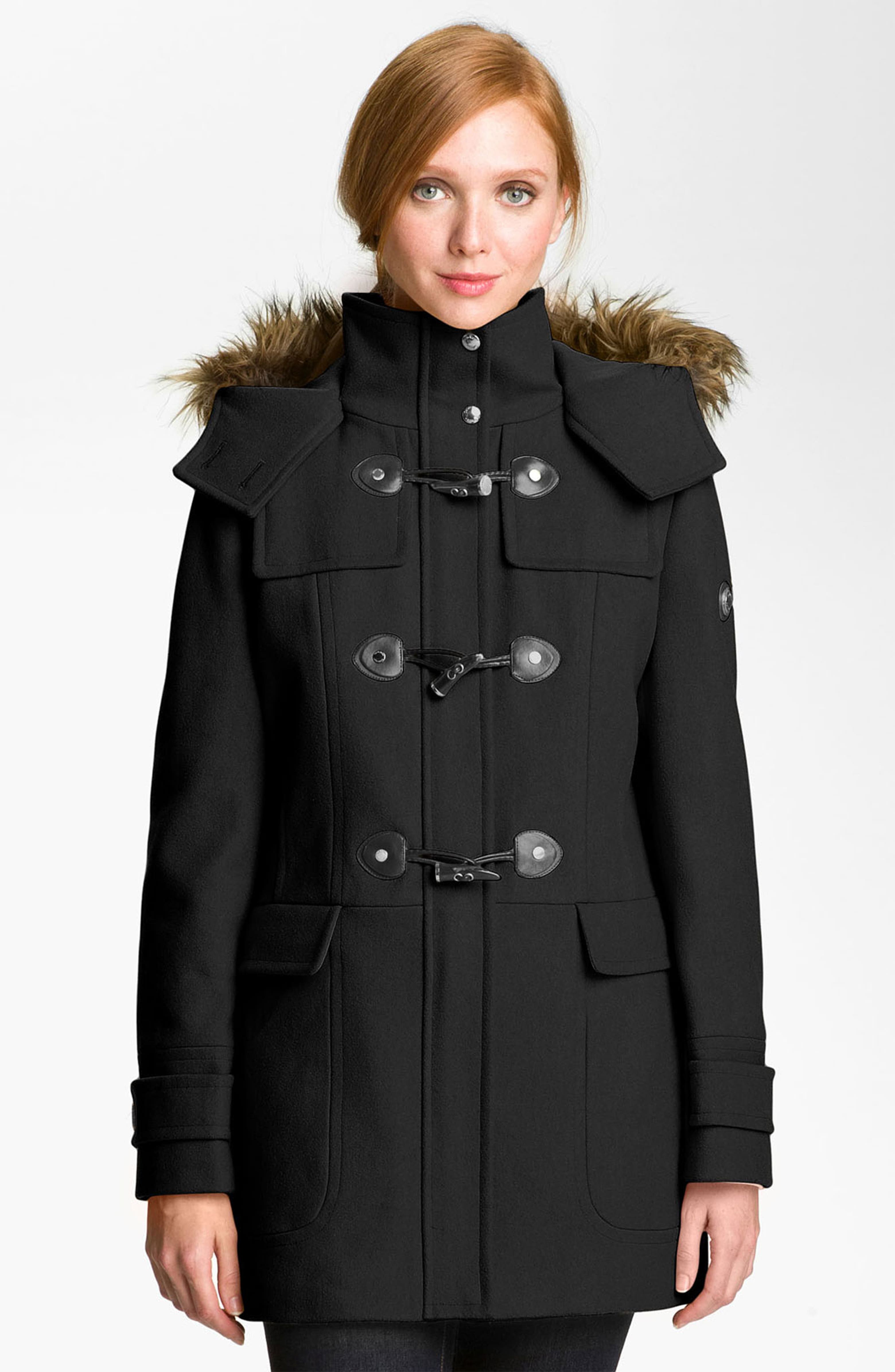 Calvin Klein Faux Fur Trim Duffle Coat | Nordstrom
