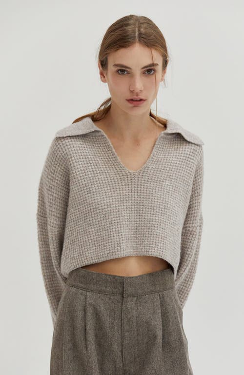 Shop Crescent Waffle Polo Crop Sweater In Heather Grey