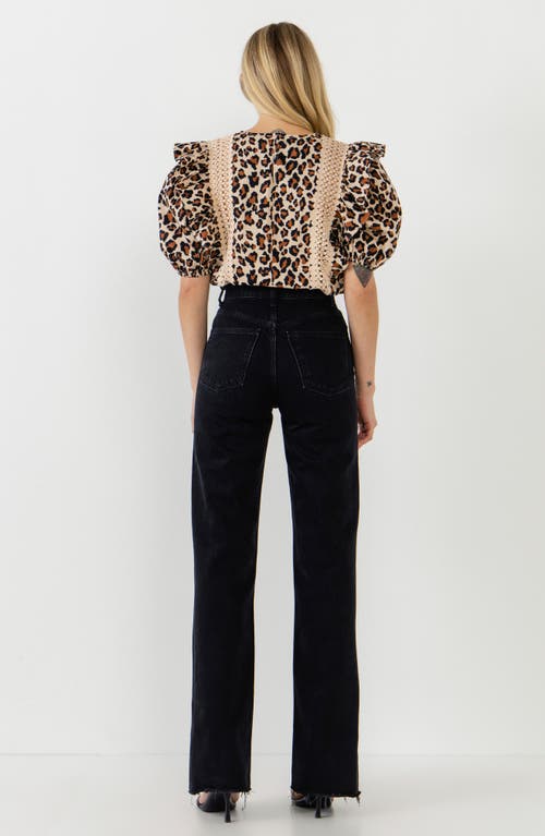 English Factory Leopard Print Ruffle Shoulder Cotton Top In Tan Multi