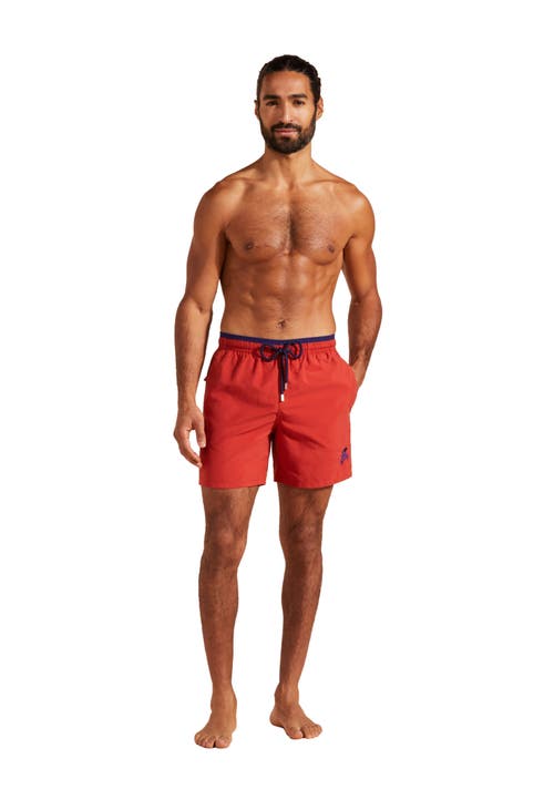 Vilebrequin Solid Bicolor Length Swim Trunks In Brique