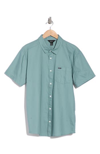 Rvca Douglas Solid Short Sleeve Cotton Button-up Shirt In Evergreen