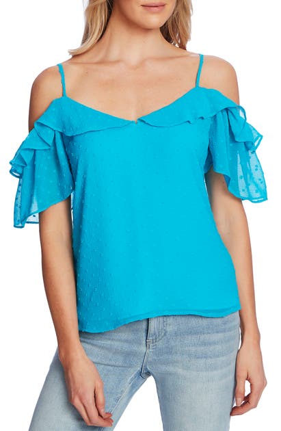 Cece Cold Shoulder Clip Dot Blouse In Venice Blue