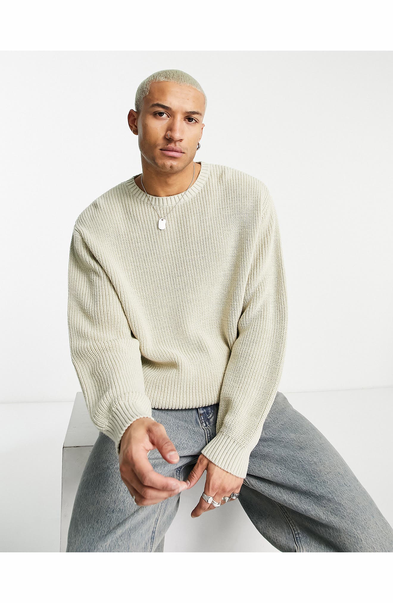 ASOS Design Oversize Shaker Stitch Sweater in Beige