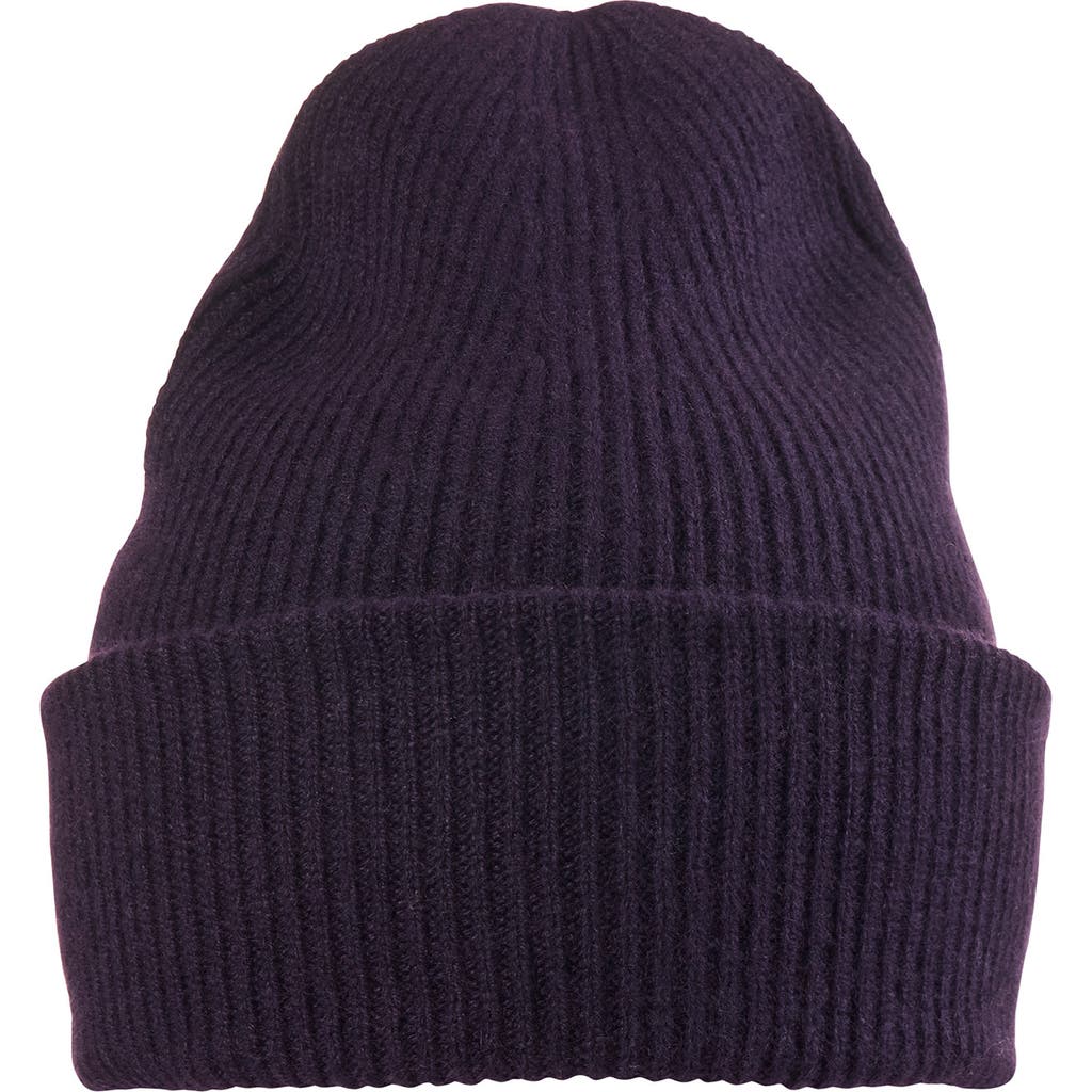 Amicale Ribbed Cashmere Double Cuff Beanie In Dark Purple