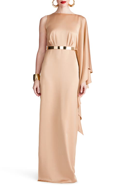 Shop Halston Rhiannon Belted Satin Column Gown In Tan Beige