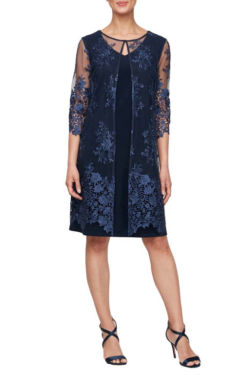 Shop Alex Evenings Embroidered Elongated Mock Jacket Sheath Dress In Dark Navy