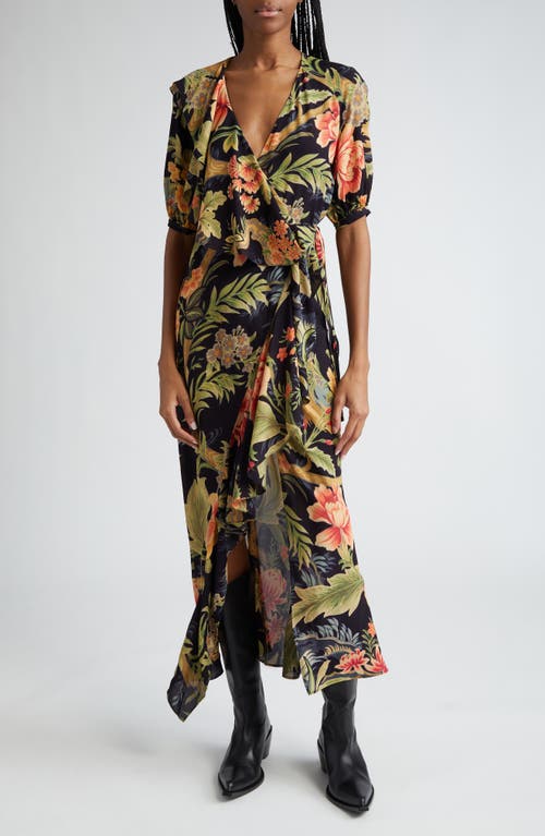 Shop Etro Floral Puff Sleeve Wrap Maxi Dress In Navy Multi