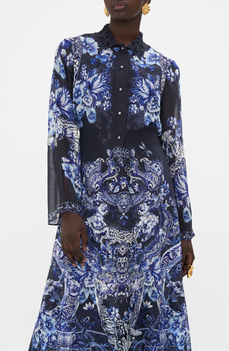 Camilla Floral Cutwork Lace Collar Long Sleeve Silk Shirtdress | Nordstrom