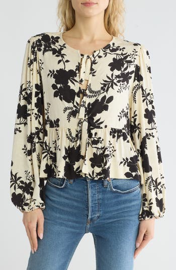 Renee C Floral Long Sleeve Tie Front Crop Top In Ivory