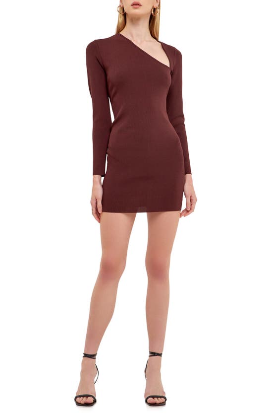 Endless Rose Asymmetric Neck Long Sleeve Knit Top In Brown