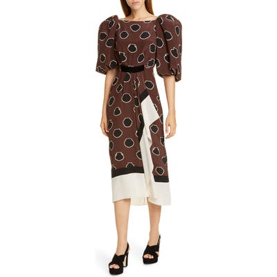 Johanna Ortiz Full Sleeve Silk Crepe De Chine Midi Dress, Brown