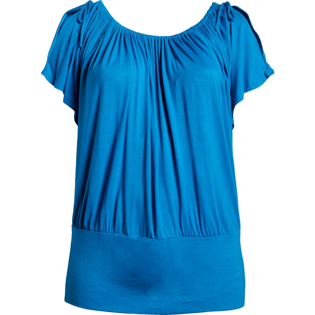 24seven Comfort Apparel Banded Blouson Top In Turquoise