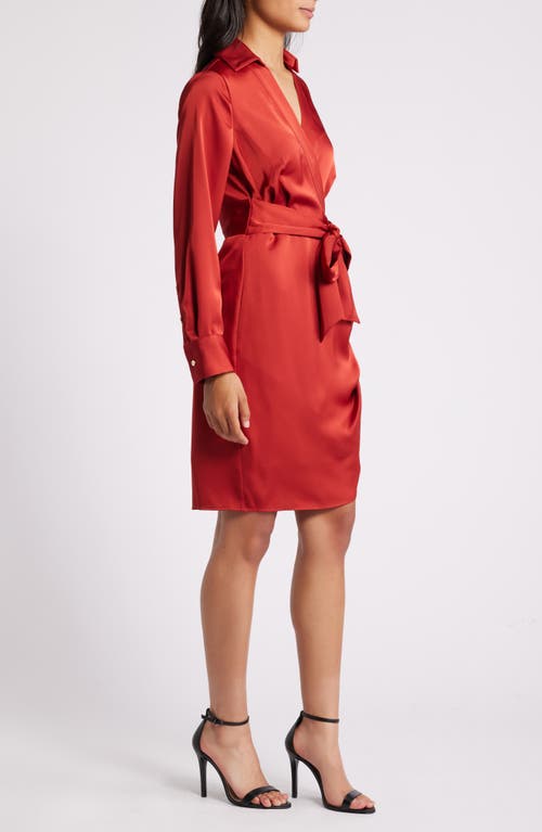 Shop Tahari Asl Long Sleeve Faux Wrap Satin Shirtdress In Brick