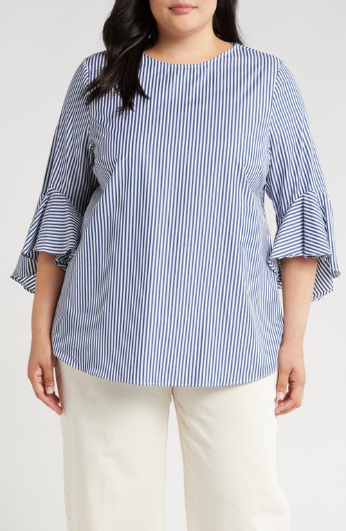 Shop Harshman Malena Stripe Flutter Sleeve Cotton Top In Navy Stripes