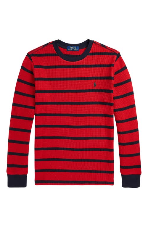 Shop Ralph Lauren Polo  Kids' Stripe Waffle Knit Cotton Sweater In Red/navy