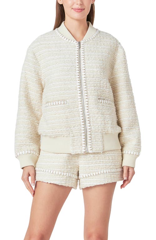 Shop Endless Rose Metallic Thread Detail Tweed Bomber Jacket In Ivory