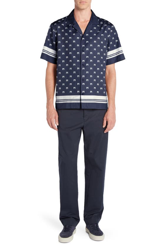 Shop Moncler Logo Short Sleeve Cotton Poplin Button-up Shirt In Navy