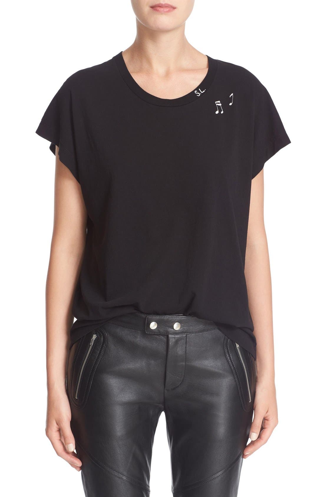【SAINT LAURENT】SURF MUSICAL NOTES PRINTED T-SHIRT Saint Laurent Surf Short Sleeve T-shirt In Black And Ivory