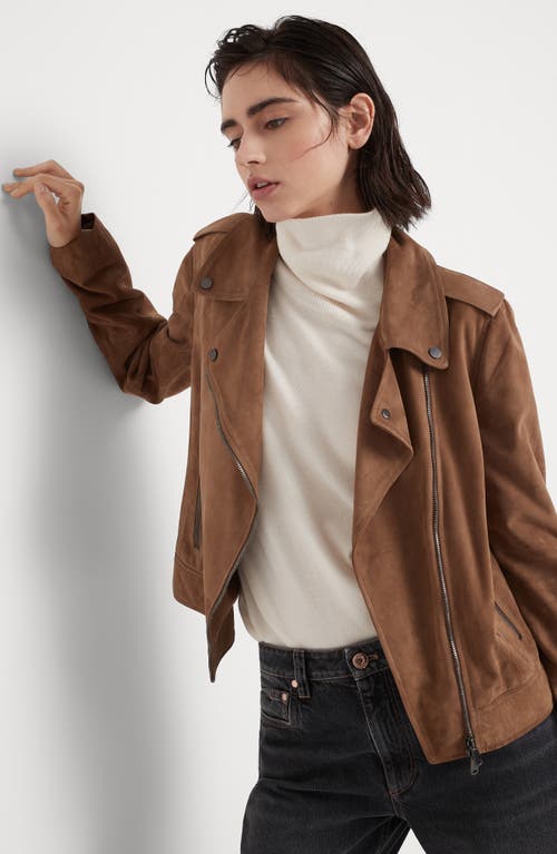 Shop Brunello Cucinelli Suede Biker Jacket In Brown