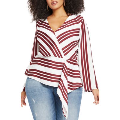 Plus Size Eloquii Directional Stripe Wrap Front Long Sleeve Top, White