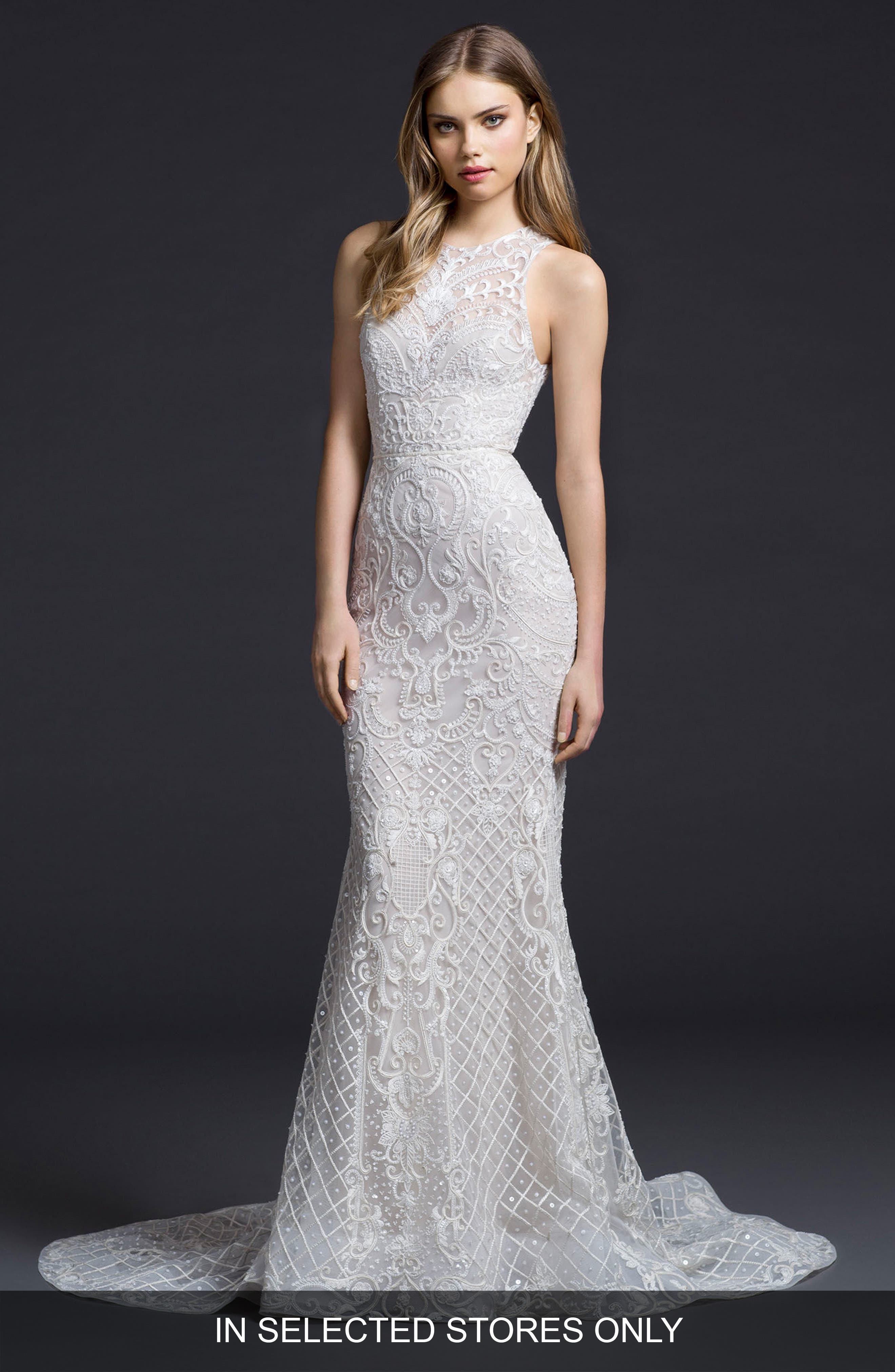 Lazaro Embroidered Chiffon Trumpet Gown, Size - Ivory