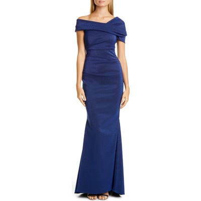 Talbot Runhof Glitter Knit Asymmetrical Mermaid Gown, Blue