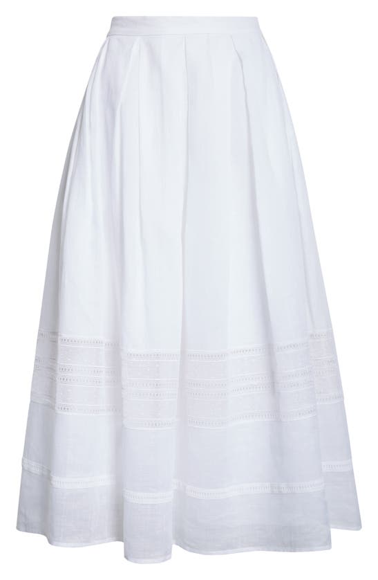 Shop Max Mara Lace Inset Pleated Ramie Midi Skirt In Optical White