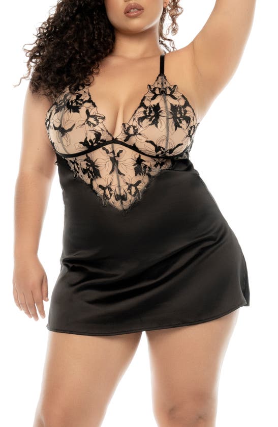 Mapalé Mapale Embroidered Lace & Satin Babydoll Chemise In Black/ Nude