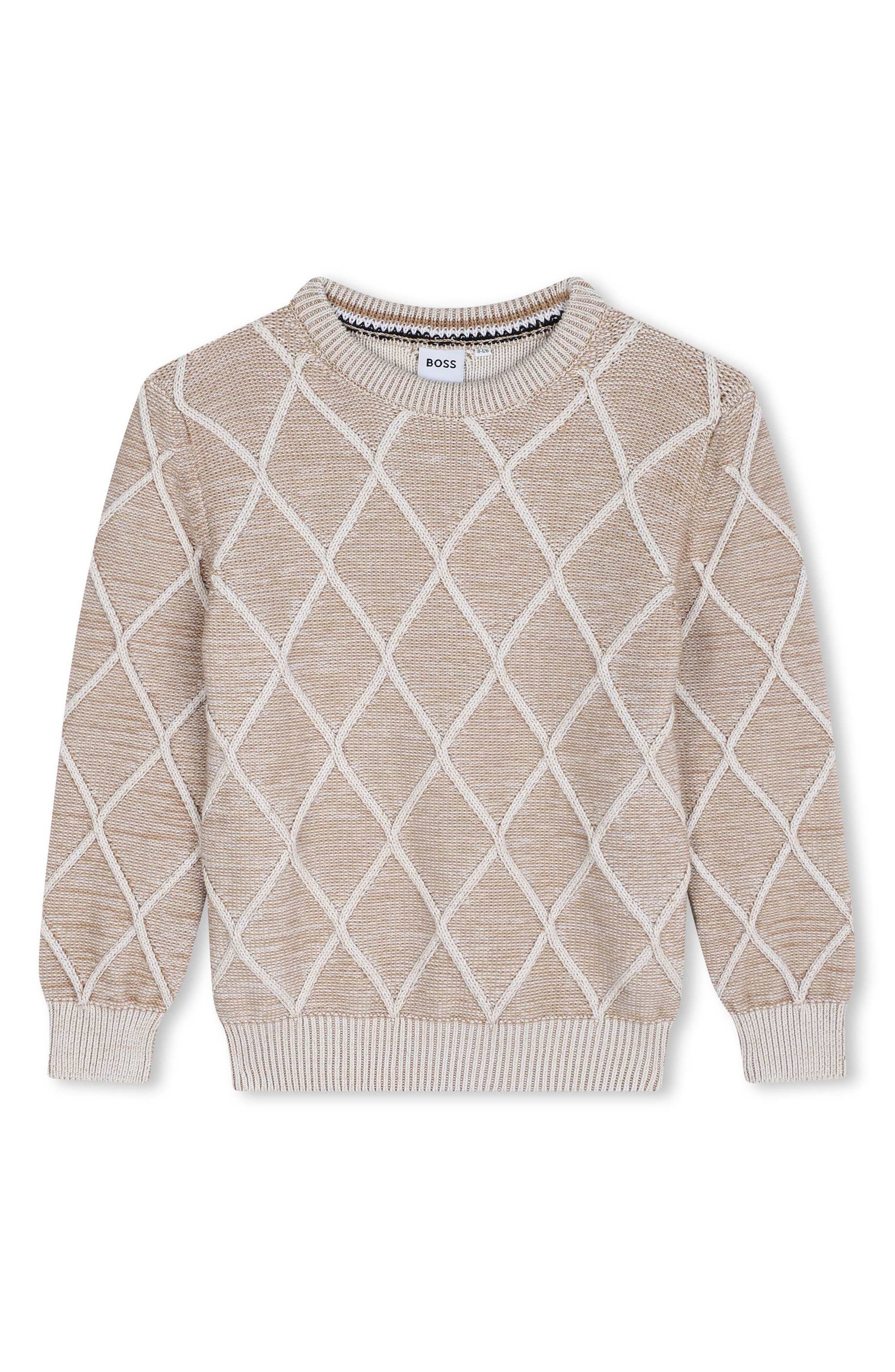 BOSS Kidswear Kids' Diamond Pattern Cotton Crewneck Sweater in Sand 